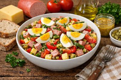 Lumpensalat mit Käse, Jagdwurst und Paprika