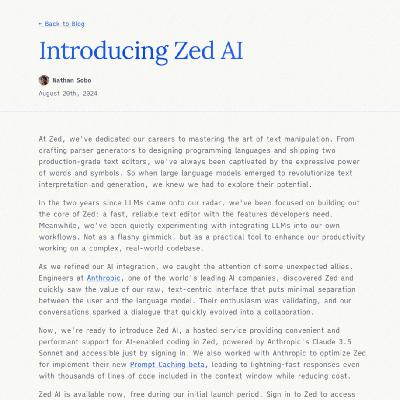 Zed 公司宣布推出了 Zed AI 的新服务
