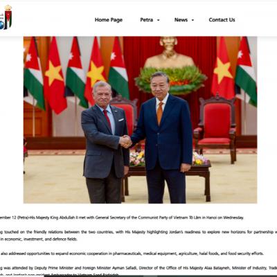 Tin quốc tế - Truyền thông Jordan: Quốc vương Abdullah II tự hào về chặng đường quan hệ tốt đẹp với Việt Nam