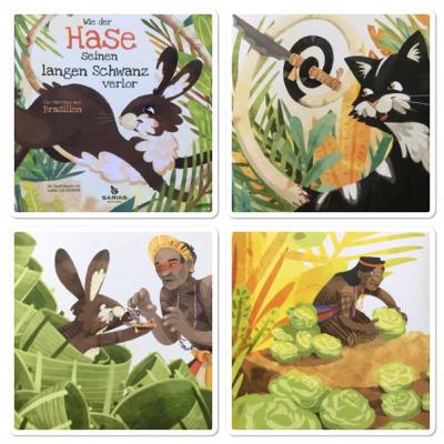 Folge 66: "Wie der Hase seinen langen Schwanz verlor", ein Märchen aus Brasilien, übersetzt und herausgegeben von der Sarias-Stiftung, Illustration Lena Lackmann