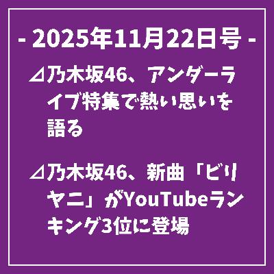 日刊乃木坂ニュース11/22号⊿乃木坂46、アンダーライブ特集で熱い思いを語る⊿乃木坂46、新曲「ビリヤニ」がYouTubeランキング3位に登場⊿乃木坂46瀬戸口心月、表紙初ソログラビアを披露⊿乃木坂46瀬戸口心月と五百城茉央が『アップトゥボーイ』に登場⊿乃木坂46一ノ瀬美空が初ソロ表紙を飾る…