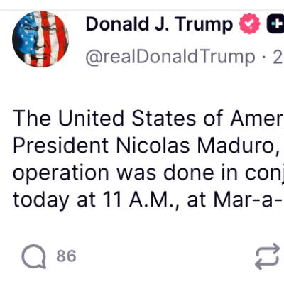 Trump claims to have captured Venuezuelan President Maduro and his wife