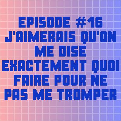 EPISODE #16 : J'AIMERAIS QUE QUELQU'UN ME DISE EXACTEMENT QUOI FAIRE POUR NE PAS ME TROMPER EPISODE #16 : J'AIMERAIS QUE QUELQU'UN ME DISE EXACTEMENT QUOI FAIRE POUR NE PAS ME TROMPER