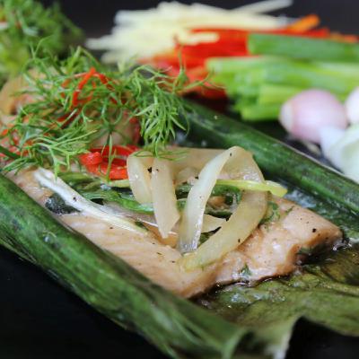 Steamed Baramundi in banana leaf