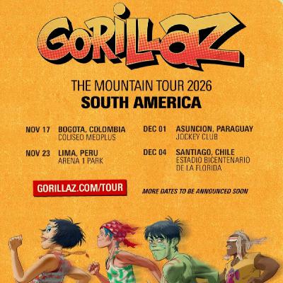 - Gorillaz anuncia gira por Sudamérica y presenta un cortometraje animado para acompañar su nuevo álbum The Mountain. - Gorillaz anuncia gira por Sudamérica y presenta un cortometraje animado para acompañar su nuevo álbum The Mountain.