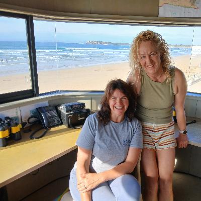 Sarah Quinn and Amenah McDonald, swimming and surfing at Ocean Grove, Victoria, Australia