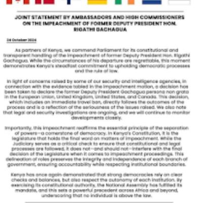 FAKE: This statement purportedly by ambassadors and high commissioners on Rigathi Gachagua’s impeachment is fabricated FAKE: This statement purportedly by ambassadors and high commissioners on Rigathi Gachagua’s impeachment is fabricated