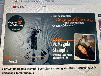 Regula Staempfli im Gespräch mit dem Podcast "Gegenauklärung." Eine Reise in Digitalisierung, Politik & weshalb das Selbstbestimmungs-gesetz das GG ausser Kraft setzt. Und immer wieder Hannah Arendt natürlich.