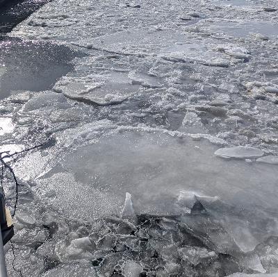 Hydrophone in the river ice at Old Pier 48, Hudson River, Manhattan, NY, USA on Imbolg, 2026 (1st February) – by Kalli Anderson and Will Coley