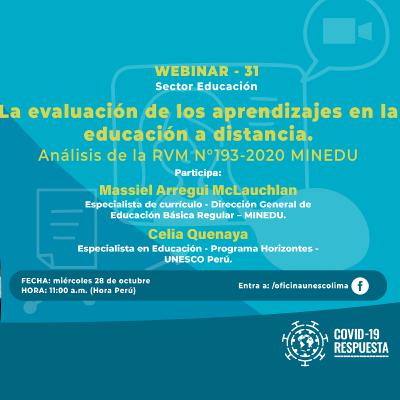 Webinar 31: La evaluación de los aprendizajes en la educación a distancia. Análisis de la RVM N°193-2020 MINEDU