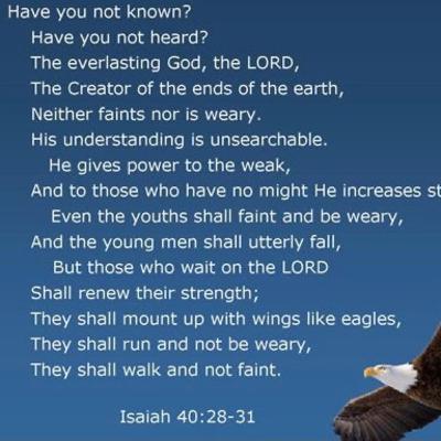 Isaiah 40 God strengthens the powerless: Those who trust in the Lord will renew their strength; they will soar on wings like eagles; run and not become weary, walk and not faint
