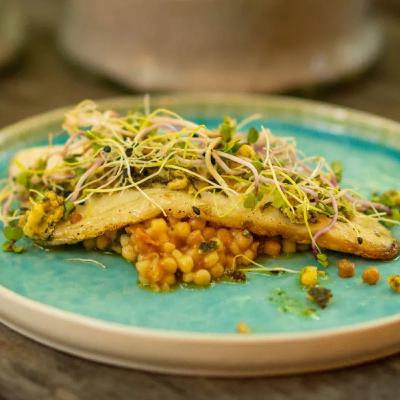 Op de huid gebakken zeebaarsfilet met fregola, citroenbladolie en kiemgroenten.