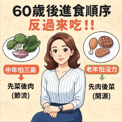 ⚠️ 觀念大翻盤!60 歲後的進食順序,請直接「倒過來」吃! ⚠️ 觀念大翻盤!60 歲後的進食順序,請直接「倒過來」吃!