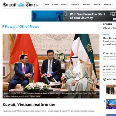 Tin quốc tế - Truyền thông Kuwait đưa tin đậm nét về chuyến thăm của Thủ tướng Phạm Minh Chính Tin quốc tế - Truyền thông Kuwait đưa tin đậm nét về chuyến thăm của Thủ tướng Phạm Minh Chính