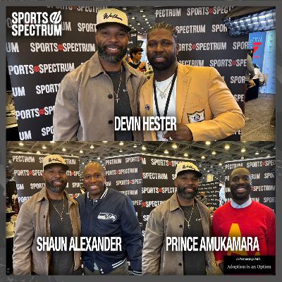 Devin Hester, Shaun Alexander and Prince Amukamara on Super Bowl LX Media Row