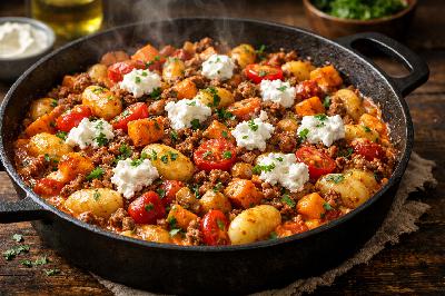 Gnocchi-Hackpfanne mit Süßkartoffeln