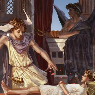 Thanatos and Hypnos point to Castles in the Sky and beyond them is God.