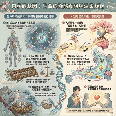 #自私的基因 #理查道金斯    善良，其實只是策略？ 我們都是基因的機器？  愛，是被寫好的程式  還是我們的選擇？