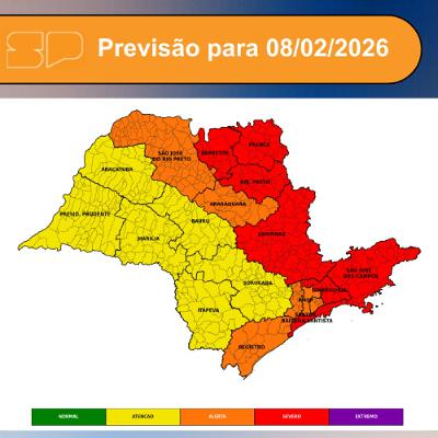 Defesa Civil - Domingo, dia 08/02/2026, o dia amanhece encoberto e chuvoso em todo o Estado de São Paulo