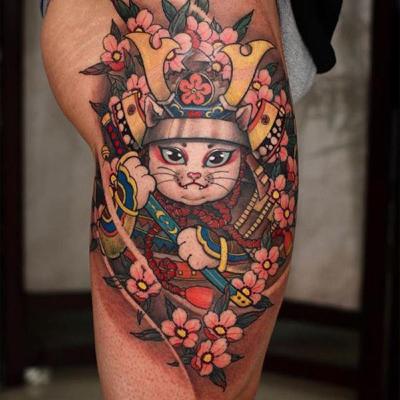 Tuyển tập hình xăm mèo thần tài Samurai cầu tài, rinh lộc