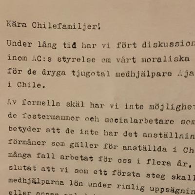 Kära Chilefamiljer, ett brev från Adoptionscentrum augusti 1980