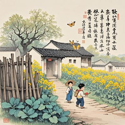 《宿新市徐公店》宋·杨万里：“儿童急走追黄蝶，飞入菜花无处寻”