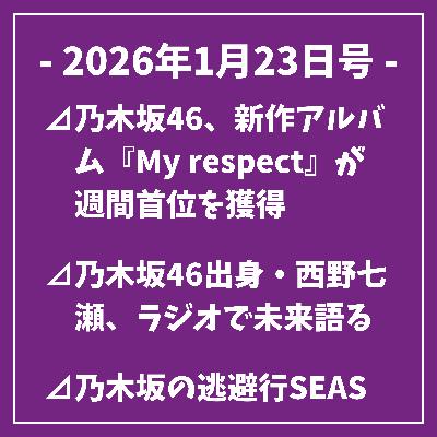 日刊乃木坂ニュース1/23号⊿乃木坂46、新作アルバム『My respect』が週間首位を獲得⊿乃木坂46出身・西野七瀬、ラジオで未来語る⊿乃木坂の逃避行SEASON4第3回が配信 富山でアートと海鮮を満喫…