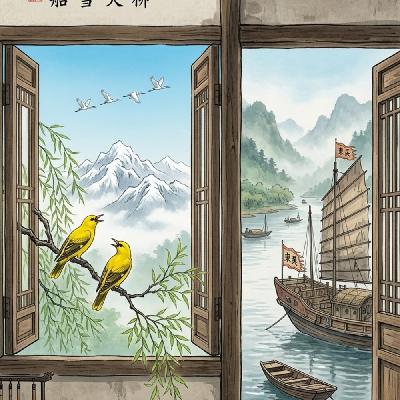 二年级下：绝句：跟着杜甫坐在草堂看春天——窗外藏着雪山，门口停着远方来的大船