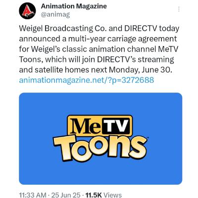 @MeTVToons Celebrates 1 year By Announcing Their Debut On @DIRECT_TV On June 30th. @MeTVToons Celebrates 1 year By Announcing Their Debut On @DIRECT_TV On June 30th.