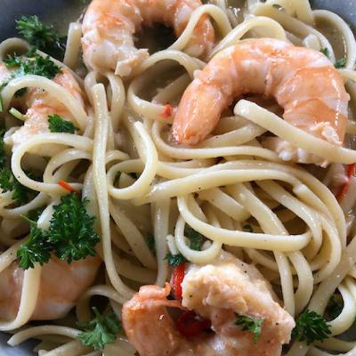 Linguine with chilli prawns