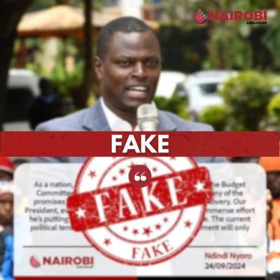 FAKE: This digital card purportedly quoting MP Ndindi Nyoro isn’t from Nairobi Leo FAKE: This digital card purportedly quoting MP Ndindi Nyoro isn’t from Nairobi Leo