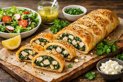 Blätterteigrolle mit Hähnchen, Feta und Blattspinat