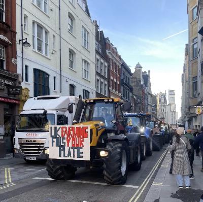 UK farmers tractor protest on the day of the budget, Rupert Street, Soho, London, UK at 14.29 on 26th November 2025 – by Clare Lynch
