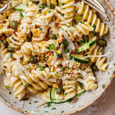 Pasta met courgette crème, vegetarische Nduja en verse kruiden.