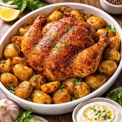 Golden Roasted Chicken and Potatoes with Garlic Sauce