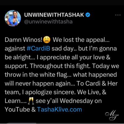 TashaK lost her appeal against CardiB & has to pay her 4Million Judgment to CardiB. TashaK lost her appeal against CardiB & has to pay her 4Million Judgment to CardiB.