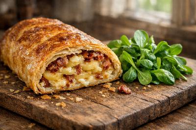 Deftiger Blätterteigstrudel mit Kartoffeln, Speck und Bergkäse