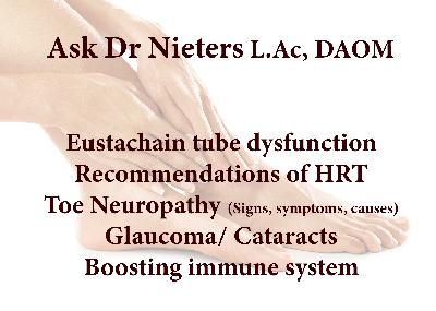 Q&A 4/27/23 Eustachian tube dysfunction, Recommended HRT, Toe Neuropathy, Glaucoma/ Cataracts and Boosting Immune System Q&A 4/27/23 Eustachian tube dysfunction, Recommended HRT, Toe Neuropathy, Glaucoma/ Cataracts and Boosting Immune System
