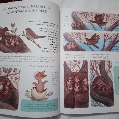 Mamá y papá pájaro alimentan a sus crías.