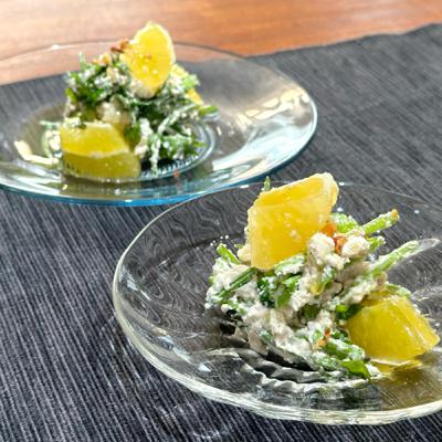 #11　13品目：白和えは洋食の夢をみるか（セリと晩柑のクリームチーズ白和え）